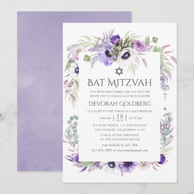 Invitación Duste Violeta Acuarela Floral Bat Mitzvah (Anverso / Reverso)