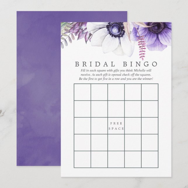 Invitación Duste Violeta Acuarela Floral Bridal Shower Bingo (Anverso / Reverso)