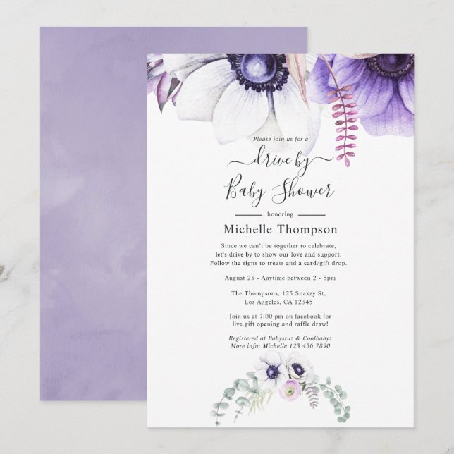 Invitación Duste Violeta Acuarela Floral Por Ducha (Anverso / Reverso)