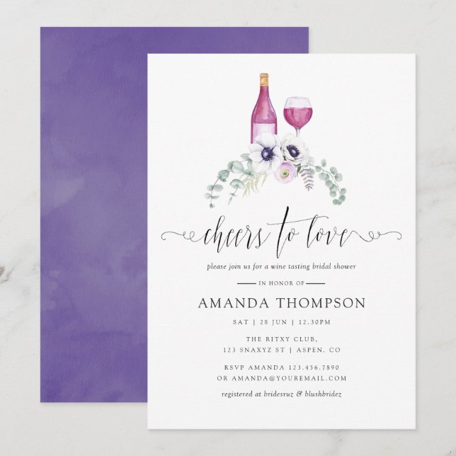 Invitación Duste Violeta Floral Bridal Ducha Vino Degustación (Anverso / Reverso)
