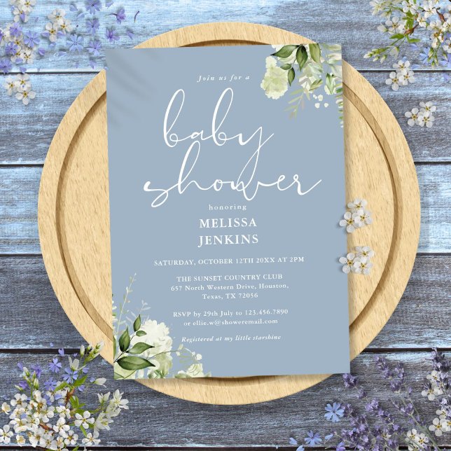 Invitación Dustis Azul Niño Baby Shower Floral Verde (Greenery Floral Dusty Blue Boy Baby Shower Invitation)