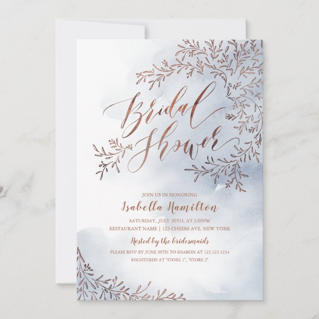 Invitación Dusto azul rústico floral caligrafía de novia duch (Anverso)
