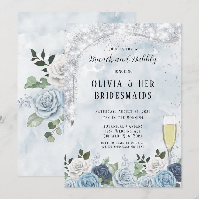 Invitación Dusto Blue Watercolor Brunch Floral y Bubbly (Anverso / Reverso)