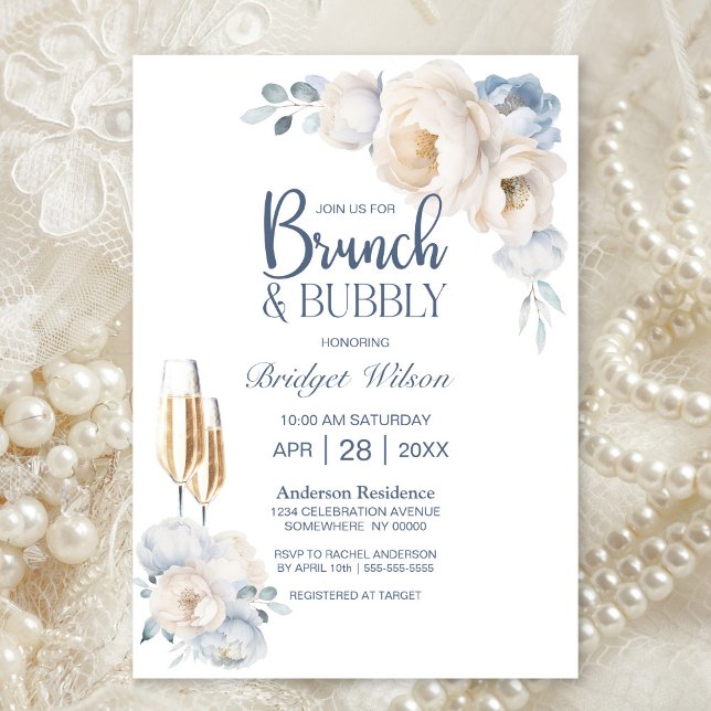 Invitación Dusto brunch floral azul blanco y burbujeante (Subido por el creador)