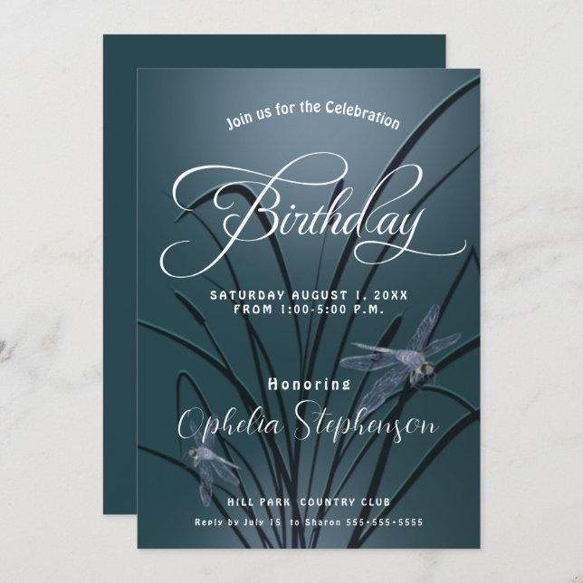 Invitación Dusto cumpleaños de la libélula Verde azulada (Anverso / Reverso)