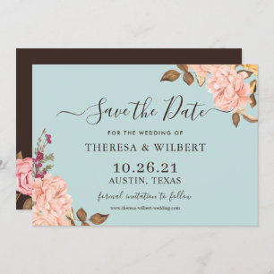 Invitación Dusty Aqua Blue Rubor Boda Floral Save the Date