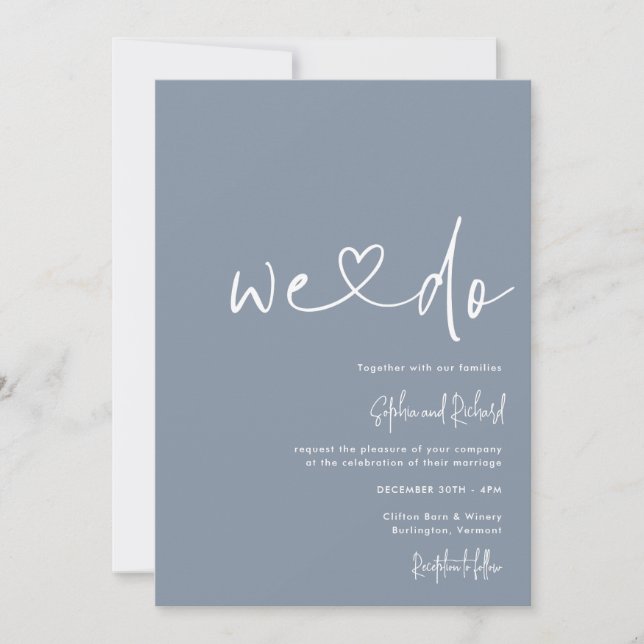 Invitación Dusty azul Minimalista guión moderno Boda (Anverso)