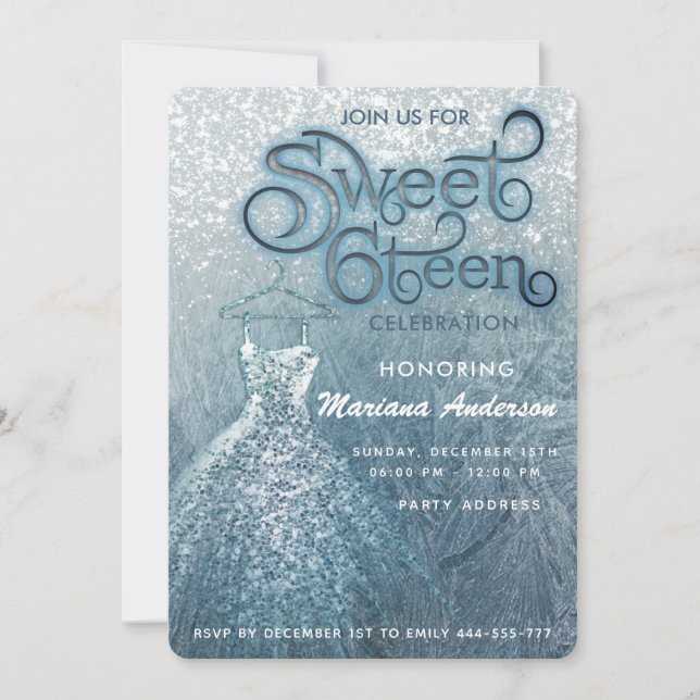 Invitación Dusty azul nieve invierno maravilla dulce 16 (Anverso)