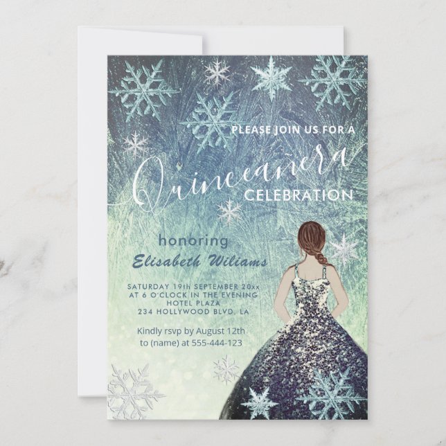 Invitación Dusty azul Winter wonderland vestido purpurina (Anverso)