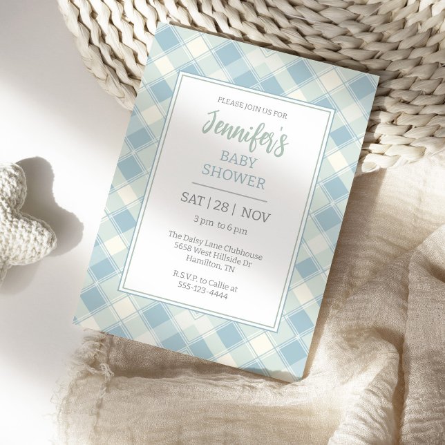 Invitación Dusty Baby Shower azul y verde (Gingham Plaid baby Shower Invitation Dusty Blue and Sea Foam Green)