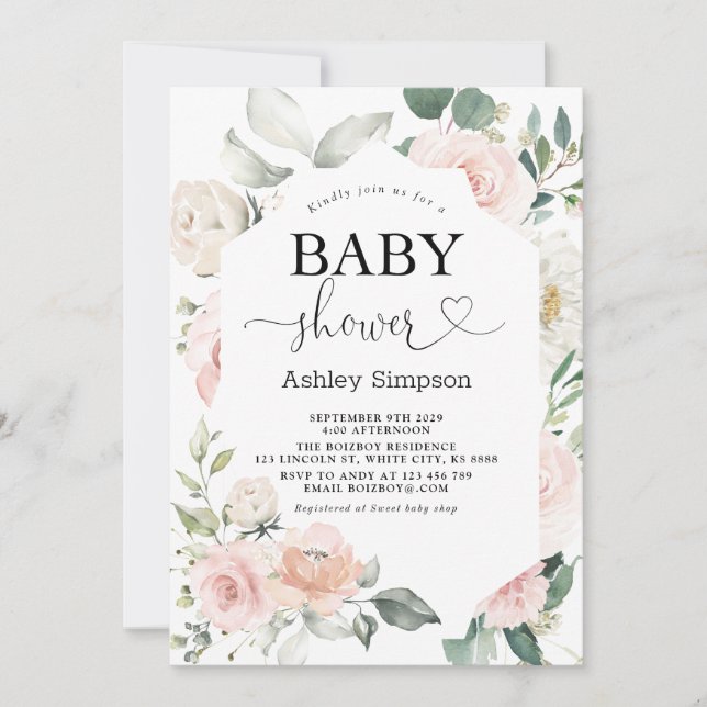 Invitación Dusty Baby Shower de diamantes de flores rosadas (Anverso)