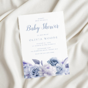 Invitación Dusty Baby Shower de rosas azules y blancas