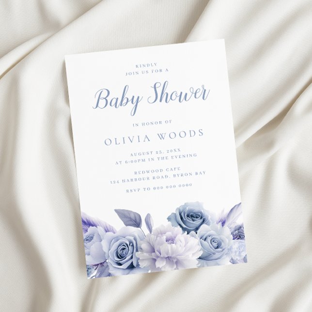 Invitación Dusty Baby Shower de rosas azules y blancas (Subido por el creador)