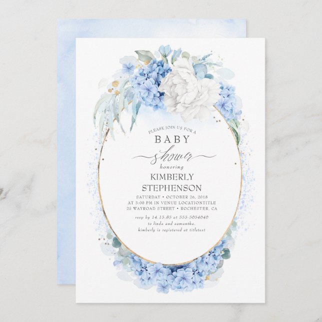 Invitación Dusty Baby Shower floral azul y blanco (Anverso / Reverso)