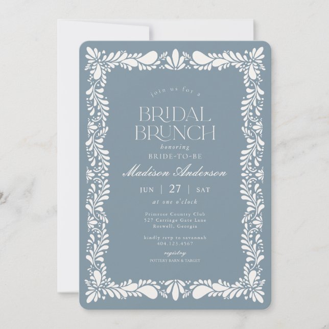 Invitación Dusty Blu Talavera Tile Fiesta Bridal Brunch (Anverso)