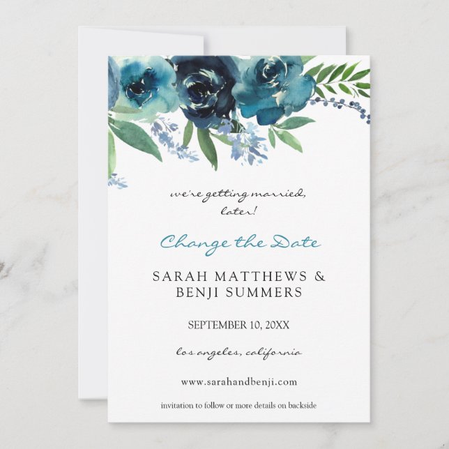 Invitación Dusty Blue 2 Floral Cambiar la fecha (grande) (Anverso)