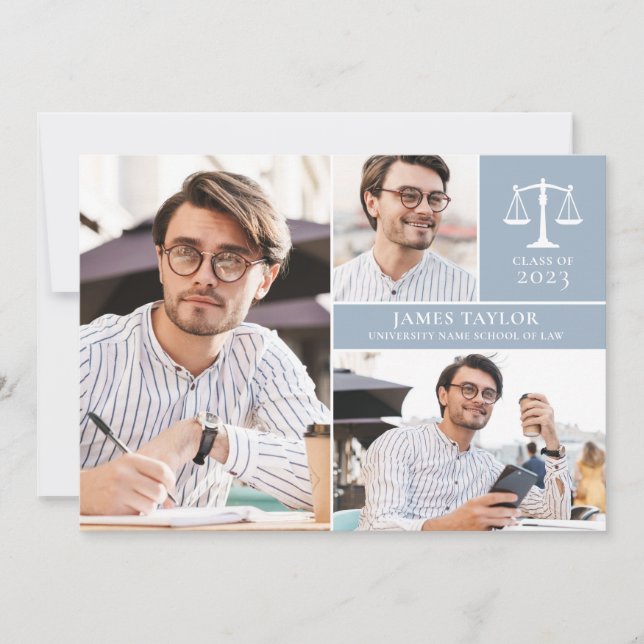 Invitación Dusty Blue 3 Photo Law School Party de graduación (Anverso)