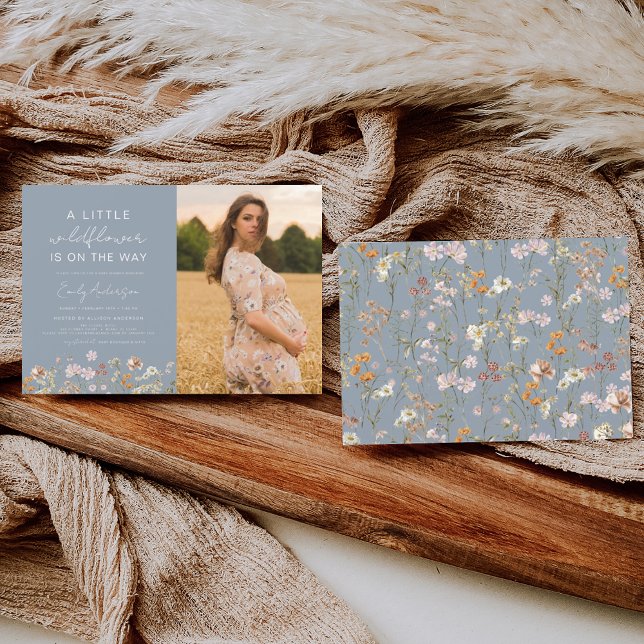 Invitación Dusty Blue a Little Wildflower Photo Baby Shower (Subido por el creador)