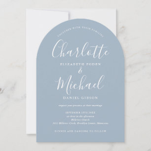 Invitación Dusty Blue All In One Moda Script Arch Boda
