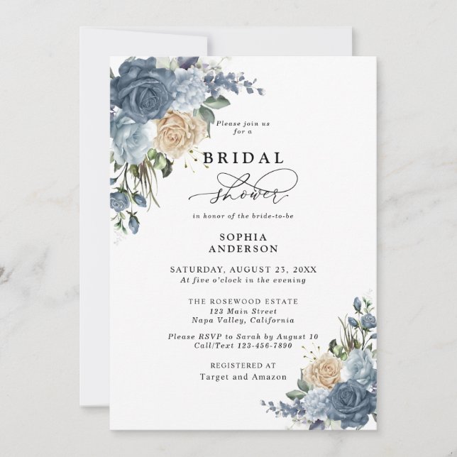 Invitación Dusty Blue and Champagne Floral Bridal Shower (Anverso)