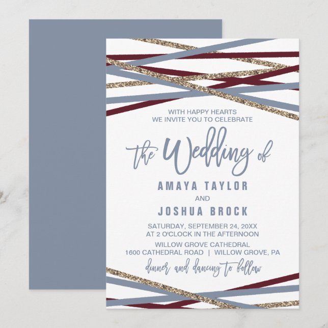 Invitación Dusty Blue and Cranberry Streamers El Boda de (Anverso / Reverso)