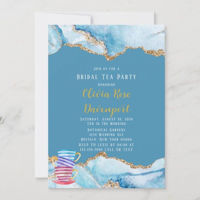 Invitación Dusty Blue and Gold Agate Bridal Tea Fiesta (Anverso)