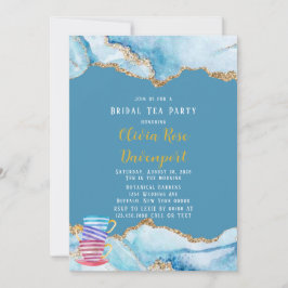 Invitación Dusty Blue and Gold Agate Bridal Tea Fiesta