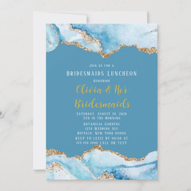 Invitación Dusty Blue and Gold Agate Bridesmaids Luncheon (Anverso)
