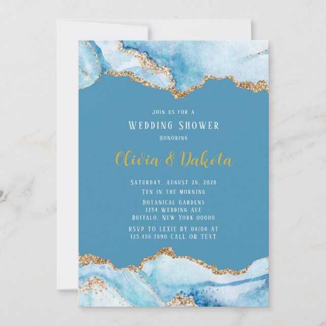 Invitación Dusty Blue and Gold Agate Wedding Shower (Anverso)