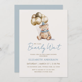 Invitación Dusty Blue and Gold Bearly Wait Bear Baby Shower