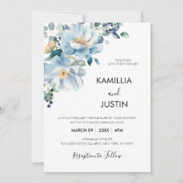 Invitación Dusty Blue and Gold Elegant Floral Rustic Wedding