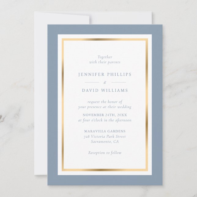 Invitación Dusty Blue and Gold Elegant Wedding (Anverso)