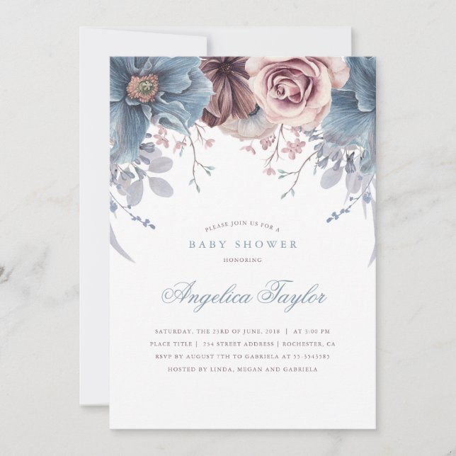 Invitación Dusty Blue and Mauve Floral Baby Shower (Anverso)