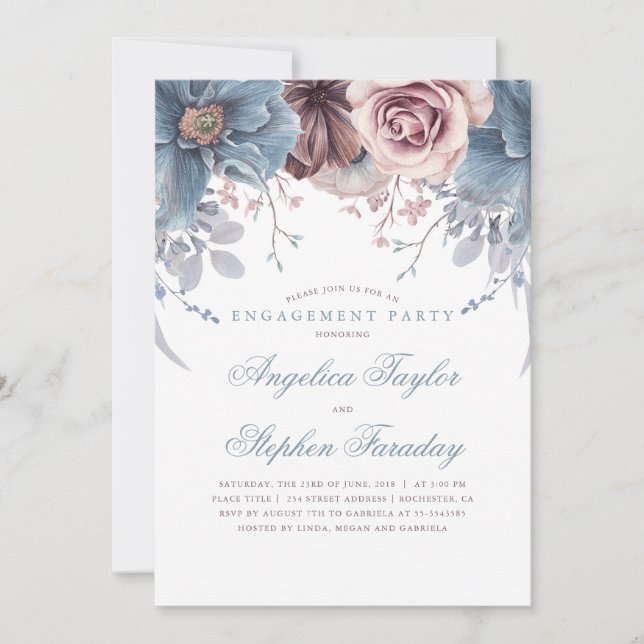 Invitación Dusty Blue and Mauve Floral Engagement Party (Anverso)