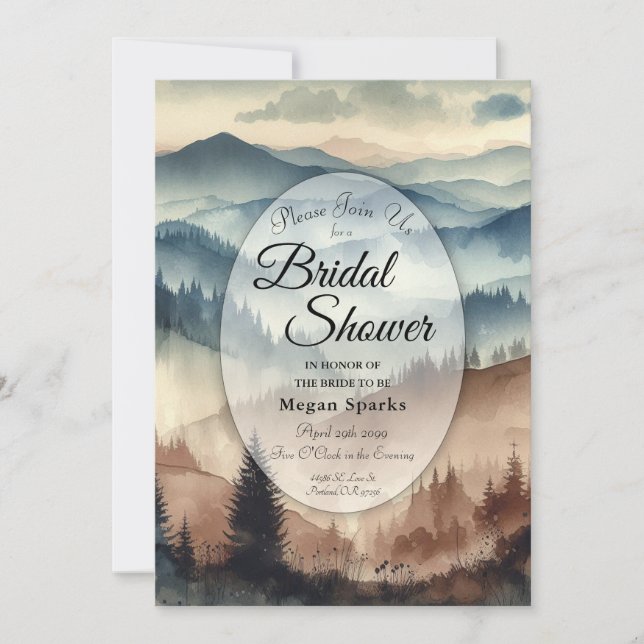 Invitación Dusty Blue and Mocha Brown Mountains Bridal Shower (Anverso)
