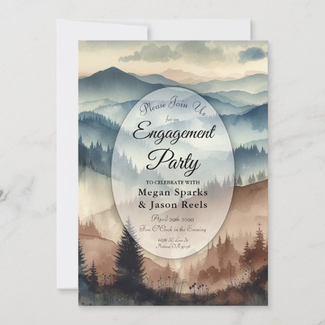 Invitación Dusty Blue and Mocha Brown Mountains Engagement (Anverso)