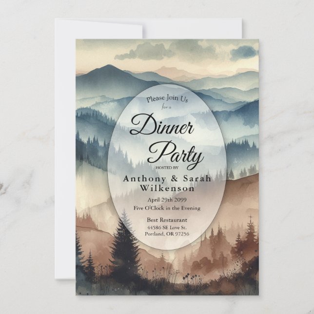 Invitación Dusty Blue and Mocha Brown Mountains Restaurant (Anverso)