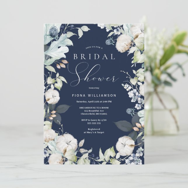 Invitación Dusty Blue and Navy Floral Bridal Shower (Anverso de pie)