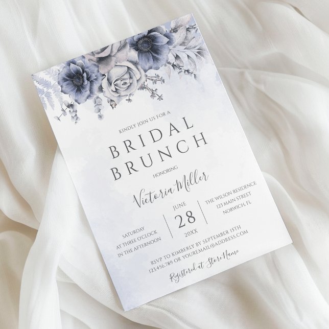 Invitación Dusty Blue And Navy Floral Elegant Bridal Brunch (Subido por el creador)