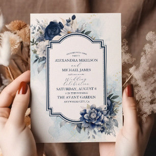 Invitación Dusty Blue and Navy Floral Elegant Wedding