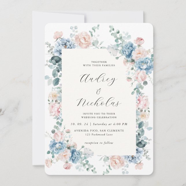 Invitación Dusty Blue and Peach Elegant Floral Wedding (Anverso)