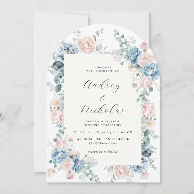 Invitación Dusty Blue and Peach Elegant Floral Wedding Arch (Anverso)