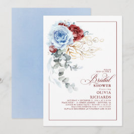 Invitación Dusty Blue and Red Floral Botanic Bridal Shower