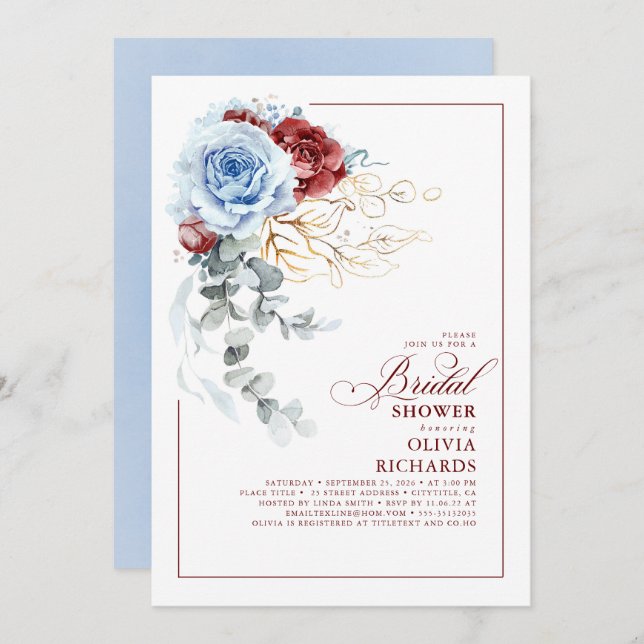Invitación Dusty Blue and Red Floral Botanic Bridal Shower (Anverso / Reverso)