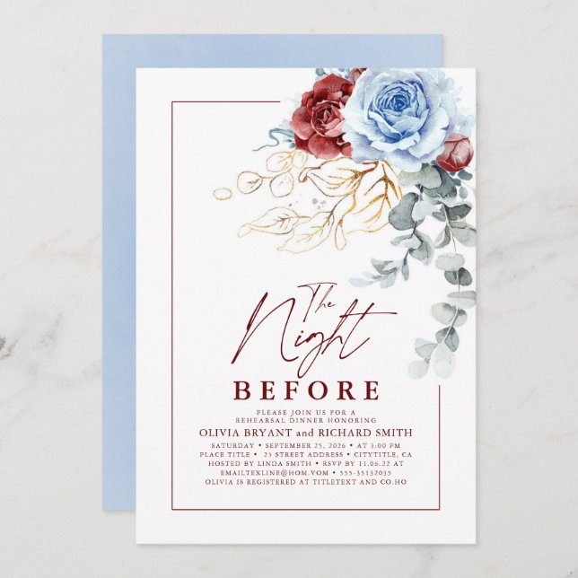 Invitación Dusty Blue and Red Floral Rehearsal Dinner (Anverso / Reverso)