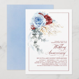 Invitación Dusty Blue and Red Floral Wedding Anniversary