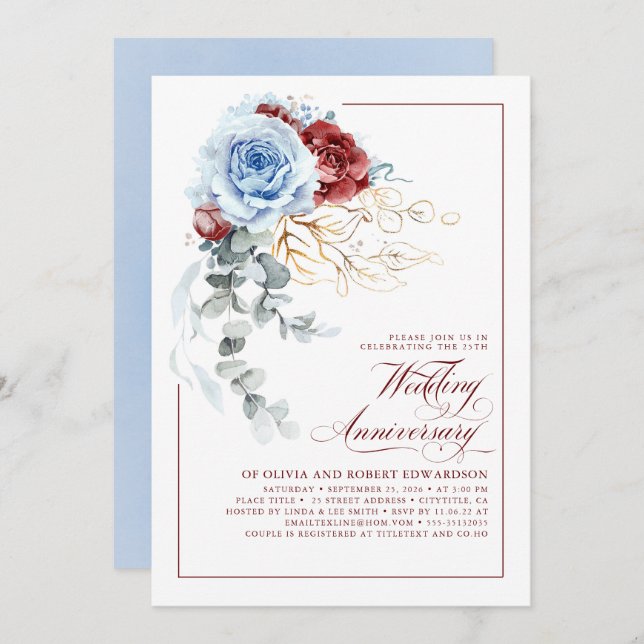 Invitación Dusty Blue and Red Floral Wedding Anniversary (Anverso / Reverso)