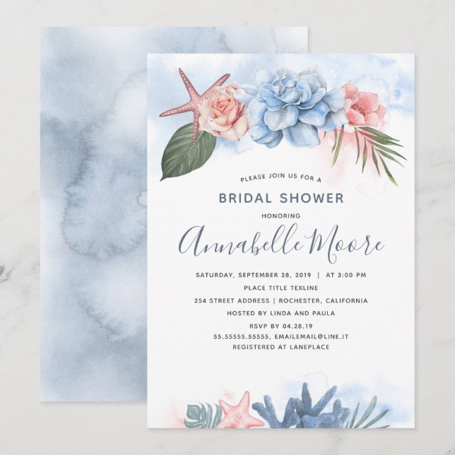 Invitación Dusty Blue and Rubor Beach Bridal Shower (Anverso / Reverso)