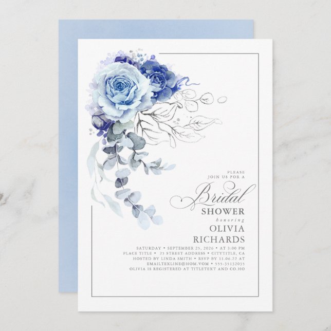 Invitación Dusty Blue and Silver Floral Botanic Bridal Shower (Anverso / Reverso)