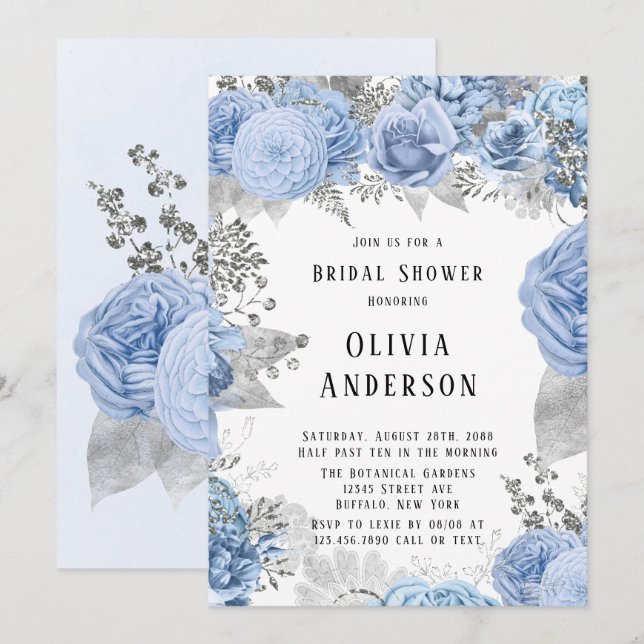 Invitación Dusty Blue and Silver Floral Bridal Shower Invitat (Anverso / Reverso)